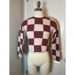 Hello Franki Kids Youth 10 Checkerboard Waffle Knit Cropped Sweater Pink Brown